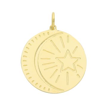 9ct Gold 17mm Round Moon And Star Disc Pendant