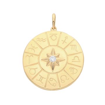 9ct Gold 22mm Round Cubic Zirconia Zodiac Signs Disc Pendant