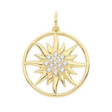 9ct Gold 17mm Round Cut Out Multi Cubic Zirconia Sun Pendant