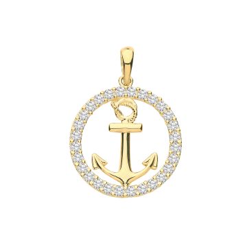 9ct Gold 15mm Round Cubic Zirconia Anchor Pendant