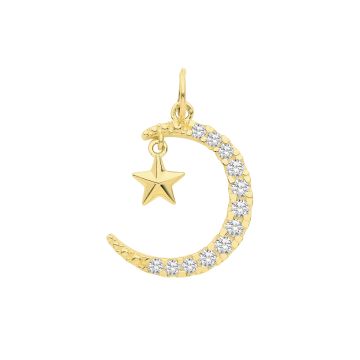 Boys 9ct Gold 13mm Cubic Zirconia Set Cresent Moon And Star Pendant