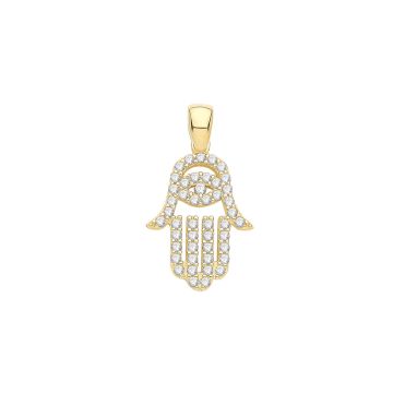 Boys 9ct Gold 12mm Cubic Zirconia Hamsa Hand Pendant