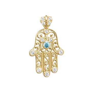 Boys 9ct Gold 13mm Blue Cubic Zirconia Fancy Hamsa Hand Pendant
