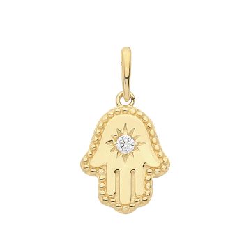 Boys 9ct Gold 11mm Single Cubic Zirconia Fancy Hamsa Hand Pendant