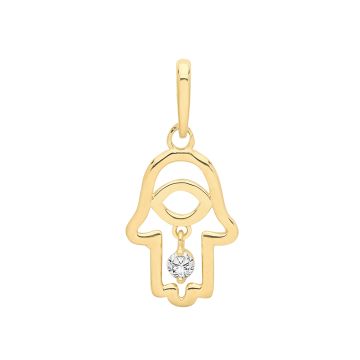 Boys 9ct Gold 13mm Cubic Zirconia Hamsa Hand Pendant