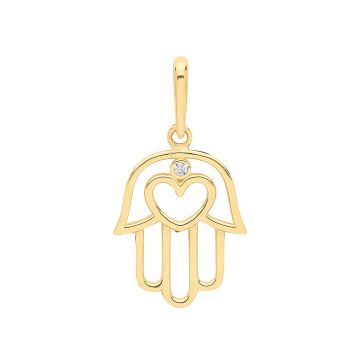 Boys 9ct Gold 13mm Single Cubic Zirconia Heart Hamsa Hand Pendant