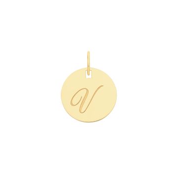 9ct Gold 15mm Plain Round Disc Initial V Pendant