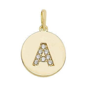 9ct Gold 12mm Cubic Zirconia Round Disc Initial A Pendant