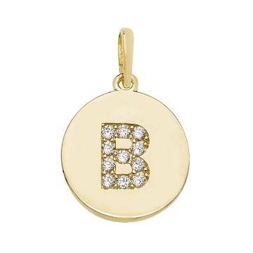 9ct Gold 12mm Cubic Zirconia Round Disc Initial B Pendant