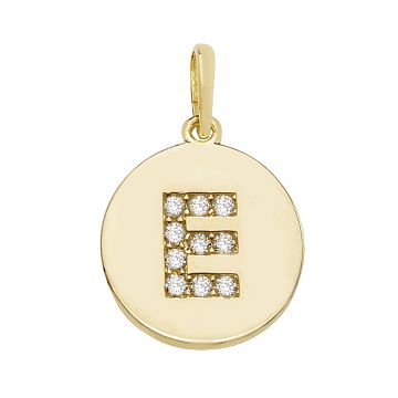 9ct Gold 12mm Cubic Zirconia Round Disc Initial E Pendant