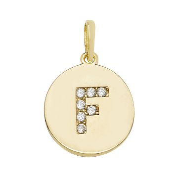 9ct Gold 12mm Cubic Zirconia Round Disc Initial F Pendant