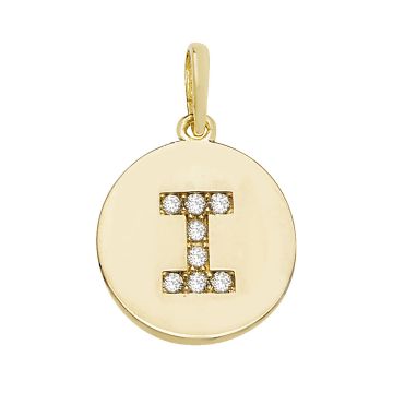 9ct Gold 12mm Cubic Zirconia Round Disc Initial I Pendant