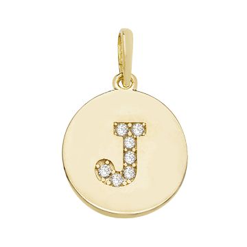9ct Gold 12mm Cubic Zirconia Round Disc Initial J Pendant