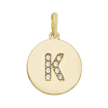 9ct Gold 12mm Cubic Zirconia Round Disc Initial K Pendant