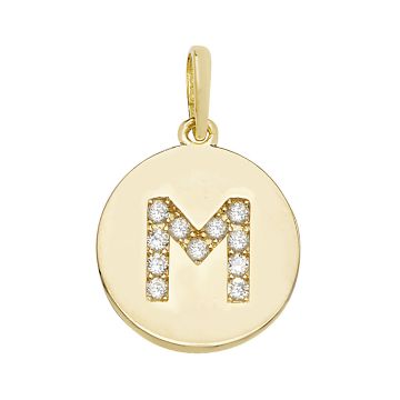 9ct Gold 12mm Cubic Zirconia Round Disc Initial M Pendant