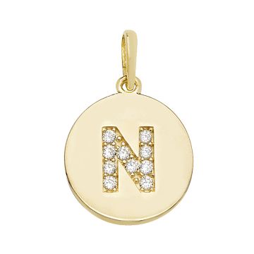 9ct Gold 12mm Cubic Zirconia Round Disc Initial N Pendant