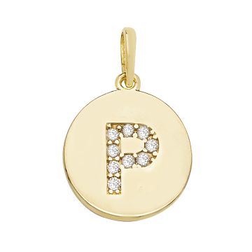 9ct Gold 12mm Cubic Zirconia Round Disc Initial P Pendant
