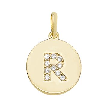 9ct Gold 12mm Cubic Zirconia Round Disc Initial R Pendant