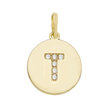 9ct Gold 12mm Cubic Zirconia Round Disc Initial T Pendant