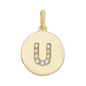 9ct Gold 12mm Cubic Zirconia Round Disc Initial U Pendant