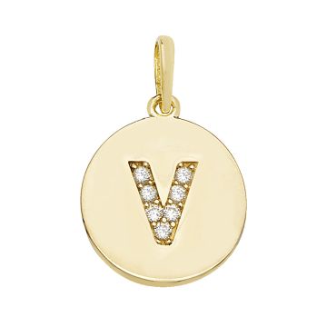 9ct Gold 12mm Cubic Zirconia Round Disc Initial V Pendant