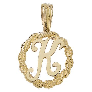 9ct Gold 14mm Round Rope Edge Initial K Pendant