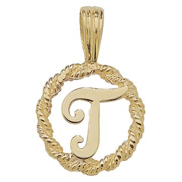 9ct Gold 14mm Round Rope Edge Initial T Pendant
