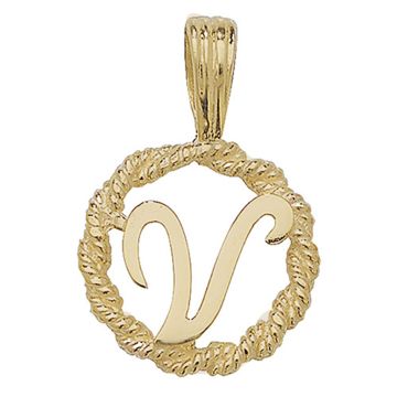 9ct Gold 14mm Round Rope Edge Initial V Pendant