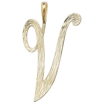 9ct Gold 30mm Plain Barked Script Initial V Pendant