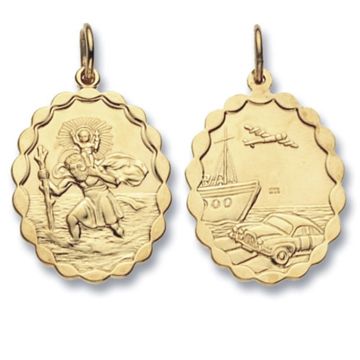 Boys 9ct Gold 29mm Double Sided Plain Oval St Christopher Pendant