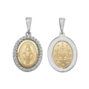 9ct Yellow And White Gold 16mm Cubic Zirconia Double Sided Oval Madonna Pendant