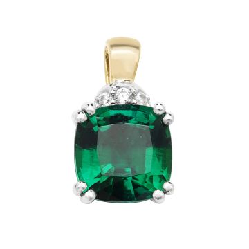 Girls 9ct Gold 10mm Created Emerald and White Sapphire Cushion Pendant