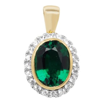 Girls 9ct Gold 12mm Created Emerald and White Sapphire Oval Pendant