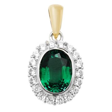 Girls 9ct Gold 12mm Fancy Created Emerald and White Sapphire Oval Pendant