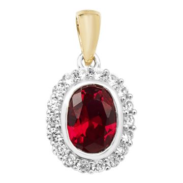 Mens 9ct Gold 12mm Fancy Created Ruby and White Sapphire Oval Pendant